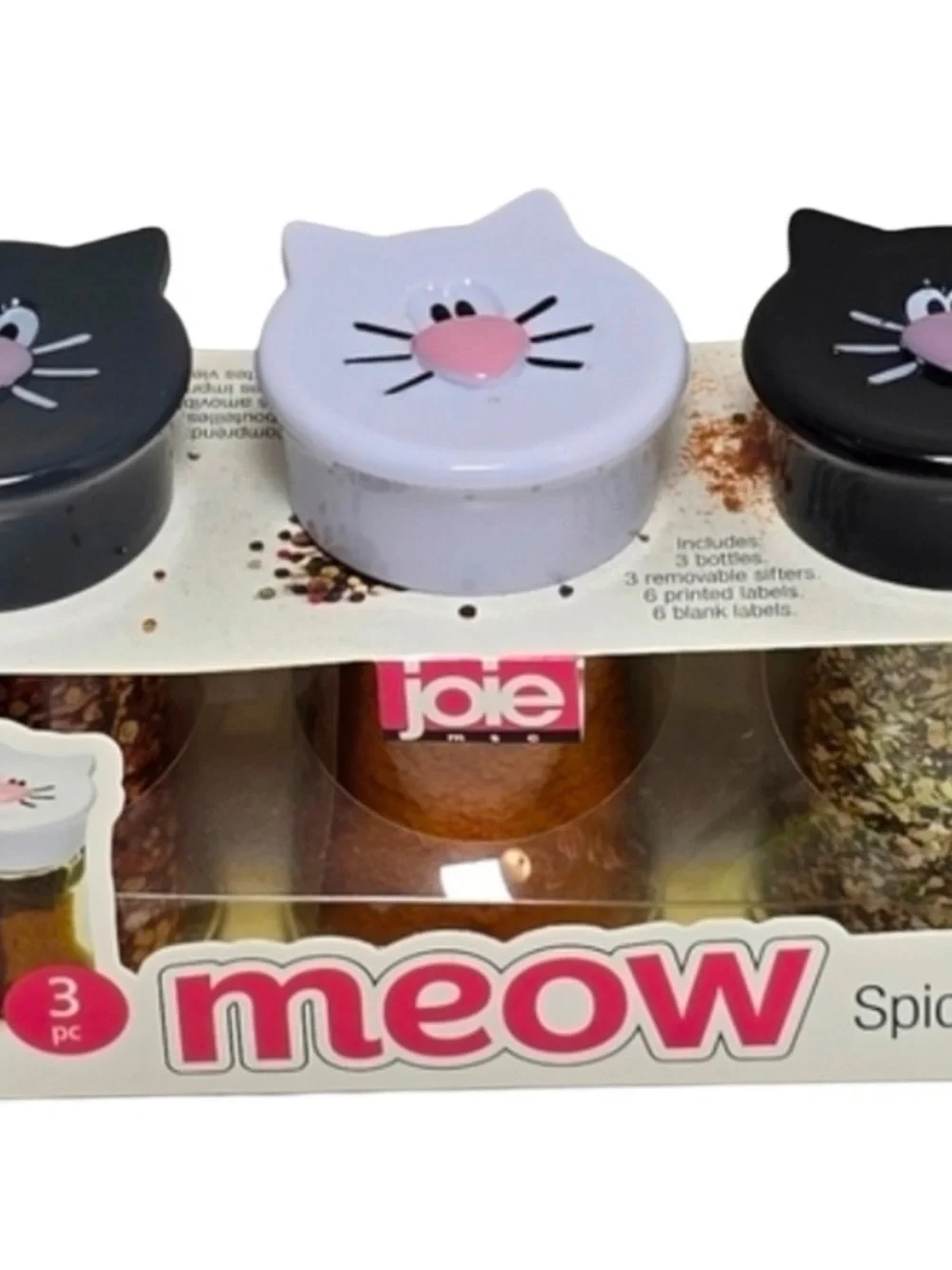 Joie Meow Cat Spice Jars - Black & White Lids with Pink Accents (3-Pack)
